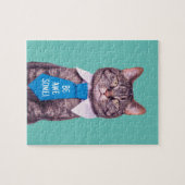 "WEES GEWELDIGE!" Kat in Blauw Stropdas, Blauwgroe Legpuzzel (Horizontaal)