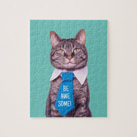"WEES GEWELDIGE!" Kat in Blauw Stropdas, Blauwgroe Legpuzzel (Verticaal)