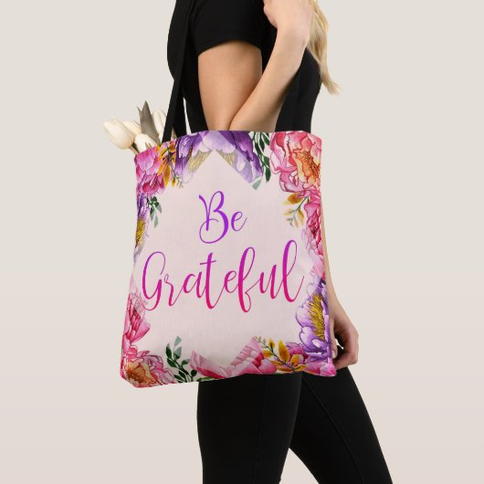 Wees Grateful Pink Peony Canvas tas (Dichtbij)