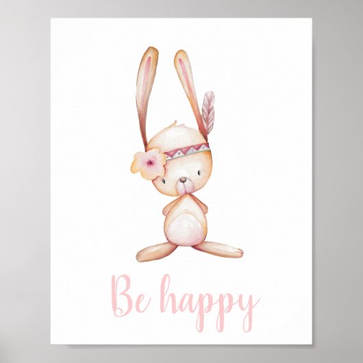 Wees Happy Cute Baby Bunny Waterverf Boho Woodland Poster (Voorkant)