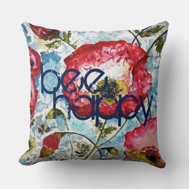 Wees Happy Poppies Waterverf Art Pillow Kussen (Voorkant)