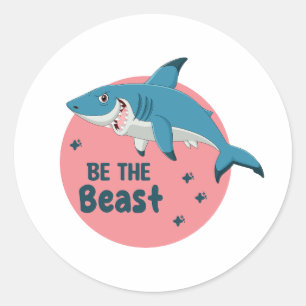Wees het Beest Kawaii Happy Blue Shark op Roze Ronde Sticker