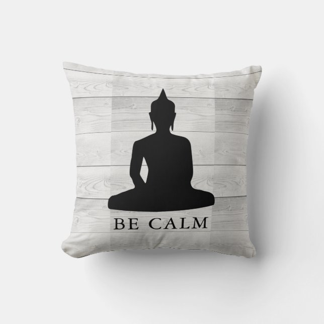  Wees kalm Buddha Rustic Wood Motivatie Kussen (Voorkant)
