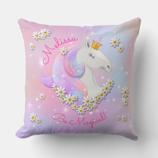 Wees Magisch Roze en Lila Eenhoorn Bloemen & Sterr Kussen (Voorkant)