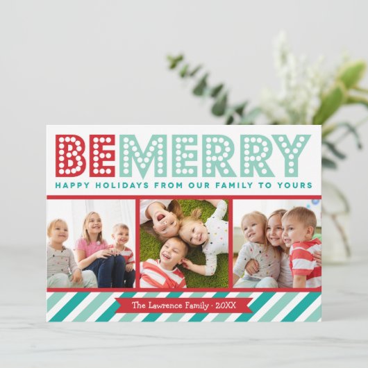 Wees Merry Family Photo Collage Holiday Card Feestdagenkaart (Staand voorkant)