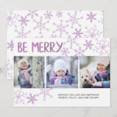 Wees Merry Paarse Snowflakes Drie Fotocollage Feestdagenkaart (Voorkant / Achterkant)