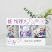 Wees Merry Paarse Snowflakes Drie Fotocollage Feestdagenkaart (Staand voorkant)