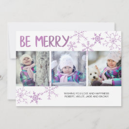Wees Merry Paarse Snowflakes Drie Fotocollage Feestdagenkaart