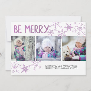 Wees Merry Paarse Snowflakes Drie Fotocollage Feestdagenkaart