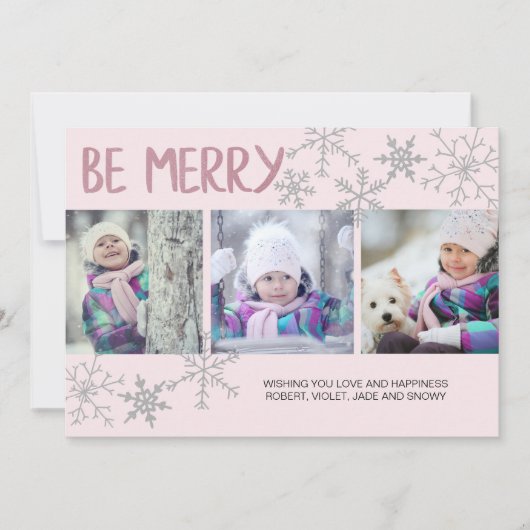 Wees Merry Snowflakes 3 Foto Collage Pink Feestdagenkaart (Voorkant)