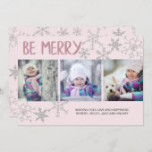 Wees Merry Snowflakes 3 Foto Collage Pink Feestdagenkaart (Voorkant / Achterkant)