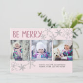 Wees Merry Snowflakes 3 Foto Collage Pink Feestdagenkaart (Staand voorkant)