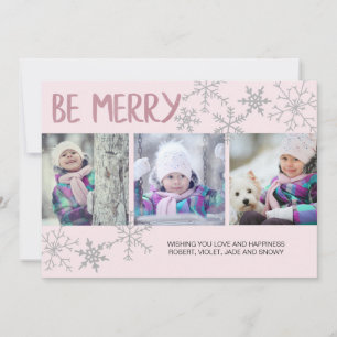 Wees Merry Snowflakes 3 Foto Collage Pink Feestdagenkaart