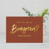 Wees mijn Bridesmaid Brown Terracotta Folie Uitnod Folie Uitnodiging (Staand Voorkant)