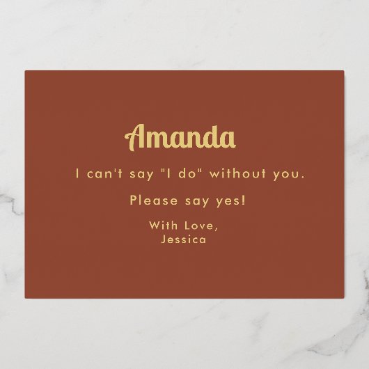 Wees mijn Bridesmaid Brown Terracotta Folie Uitnod Folie Uitnodiging (Achterkant)