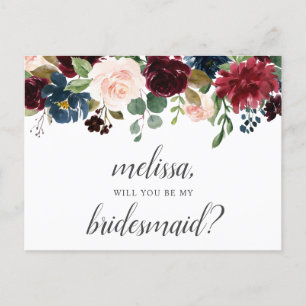 Wees mijn Bridesmaid Burgundy Blue Flowers Uitnodiging Briefkaart