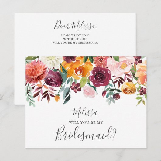 Wees mijn Bridesmaid Burgundy Yellow Flowers Uitnodiging Briefkaart (Voorkant / Achterkant)