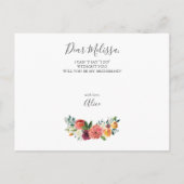 Wees mijn Bridesmaid Burgundy Yellow Flowers Uitnodiging Briefkaart (Achterkant)