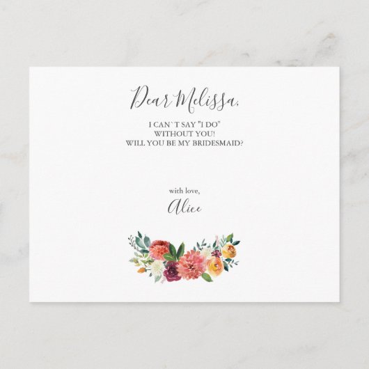 Wees mijn Bridesmaid Burgundy Yellow Flowers Uitnodiging Briefkaart (Achterkant)