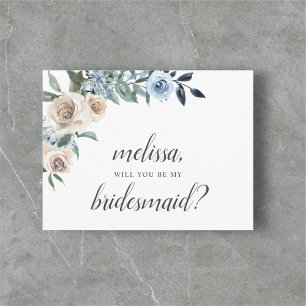 Wees mijn Bridesmaid Dusty Blue Beige Flowers Boho Uitnodiging Briefkaart