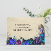 Wees mijn Bridesmaid Floral Dark Alice in Wonderla Kaart (Staand voorkant)
