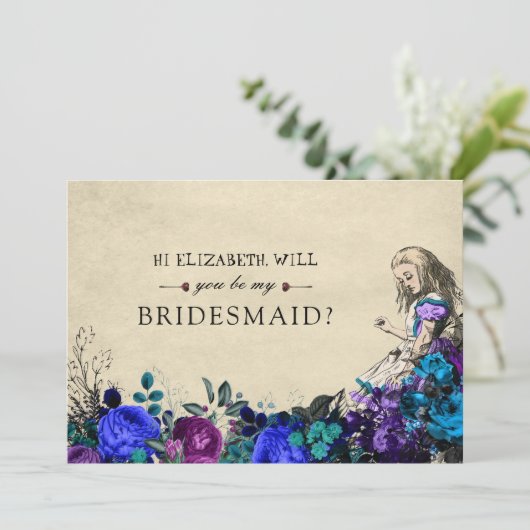 Wees mijn Bridesmaid Floral Dark Alice in Wonderla Kaart (Staand voorkant)