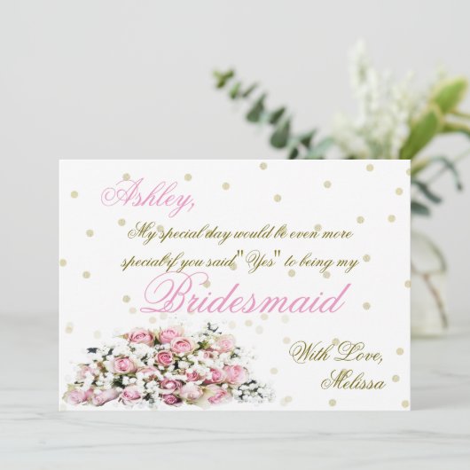 Wees mijn Bridesmaid | Roze rozen Kaart (Staand voorkant)