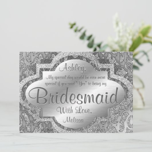 Wees mijn Bridesmaid | Silver Damask Kaart (Staand voorkant)