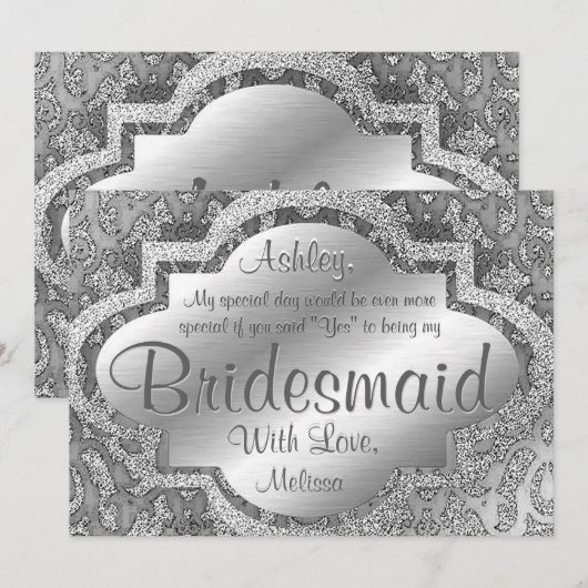Wees mijn Bridesmaid | Silver Damask Kaart (Voorkant / Achterkant)