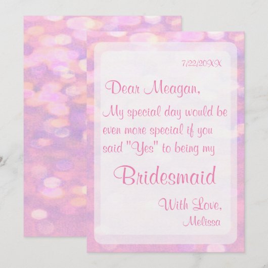Wees mijn Bridesmaid | Soft Pink Bokeh Kaart (Voorkant / Achterkant)