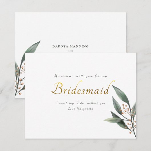 Wees mijn bruidsmeisje eucalyptus blad gouden scri kaart (Voorkant / Achterkant)