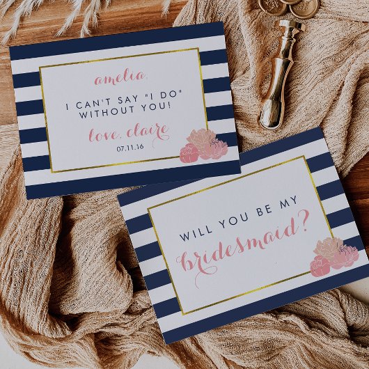 Wees mijn bruidsmeisje Kaart | Navy Stripe & Blush