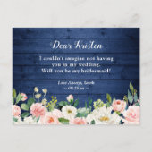 Wees mijn bruidsmeisje voorstel rustieke blauwe bl uitnodiging briefkaart (Achterkant)
