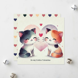 "Wees mijn calico-valentijn" Aquarel malle katten Feestdagenkaart