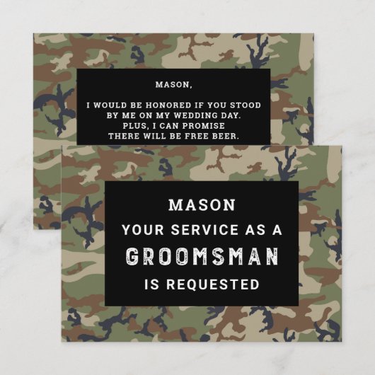 Wees mijn Groomsman Kaart - Camo (Voorkant / Achterkant)