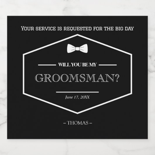 Wees mijn Groomsman-voorstel zwarte moderne bruilo Likeurfles Etiket (Enkel label)