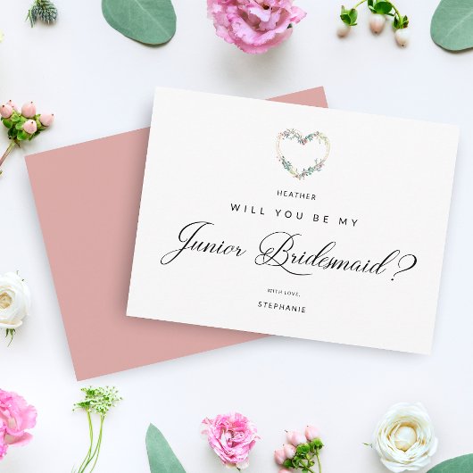 Wees mijn junior Bridesmaid Floral Pink Heart Voor Briefkaart