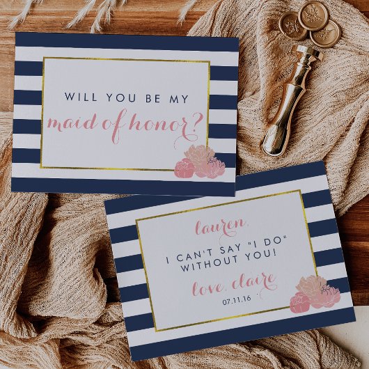 Wees mijn Maid of Honor Kaart | Navy Stripe Blush