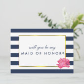Wees mijn Maid of Honor Kaart | Navy Stripe Pink P (Staand voorkant)