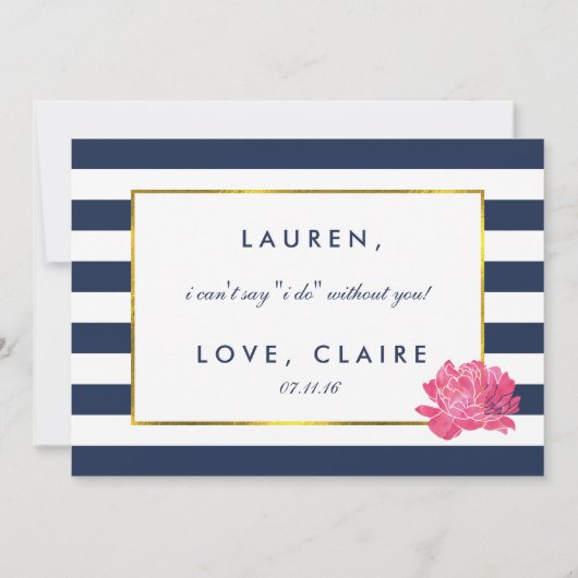 Wees mijn Maid of Honor Kaart | Navy Stripe Pink P (Achterkant)