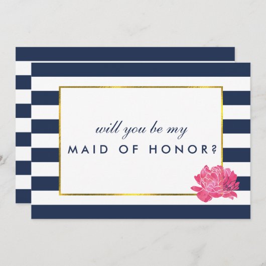 Wees mijn Maid of Honor Kaart | Navy Stripe Pink P (Voorkant / Achterkant)