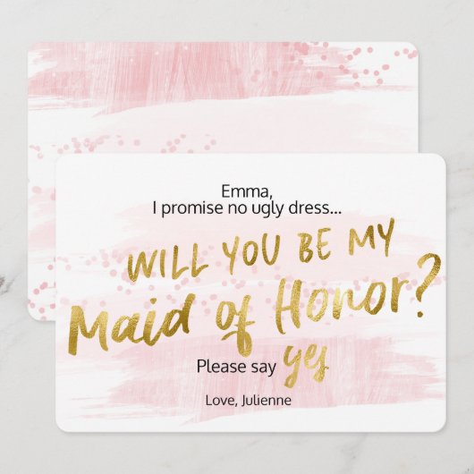 Wees mijn Maid of Honor Pink Blush Gold-Waterverf Kaart (Voorkant / Achterkant)