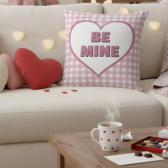 Wees Mijn Valentijn Roze en Witte Plaid Gingham Kussen (Creator heeft geüpload)