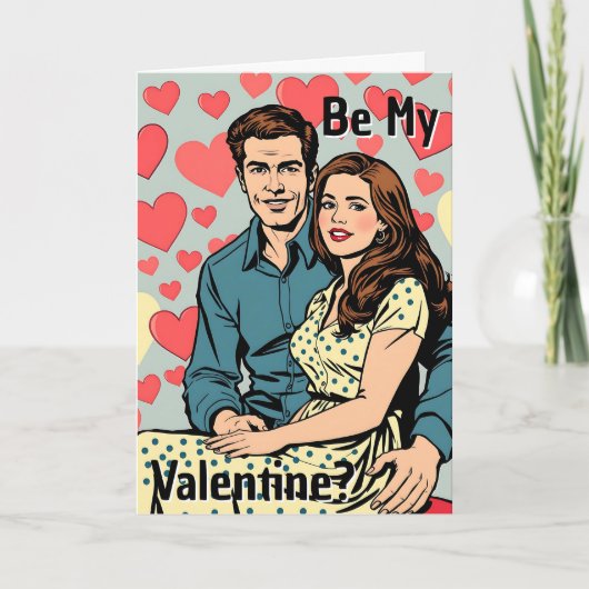 Wees mijn Valentijn? Schattig Retro Pop Art Koppel Kaart (Voorkant)