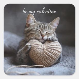 Wees Mijn Valentijn Tabby Kat Garentangeltje Vierkante Sticker