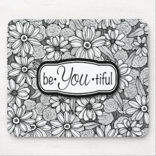 Wees・Mooie, zwarte en witte Floral (mousepad) Muismat