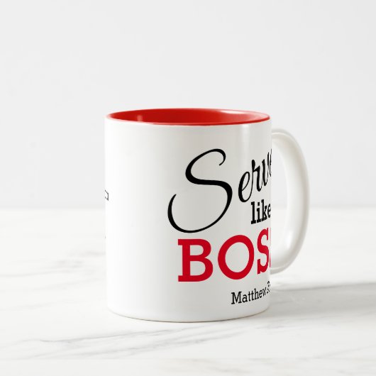 Wees nederig, SERVE ZOALS EEN BOSS Christelijk Tweekleurige Koffiemok (Voorkant rechts)