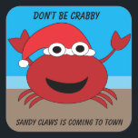 Wees niet Crabby Sandy Claws Crab Funny Christmas Vierkante Sticker<br><div class="desc">Dit schattige en humoristische kerstontwerp heeft een rode krab met een kerstmuts op het strand. De tekst zegt,  "Wees niet Crabby" en "Sandy Claws komt naar de stad!" Alle tekst is aanpasbaar en kan worden gewijzigd en gepersonaliseerd om aan uw behoeften te voldoen!</div>