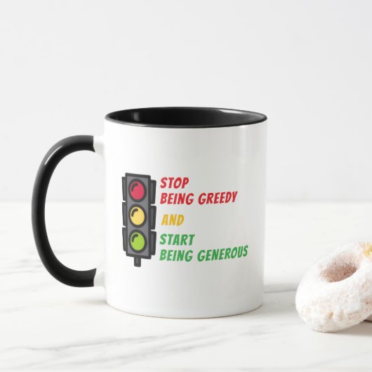"Wees niet hebzuchtig" mok (Met donut)