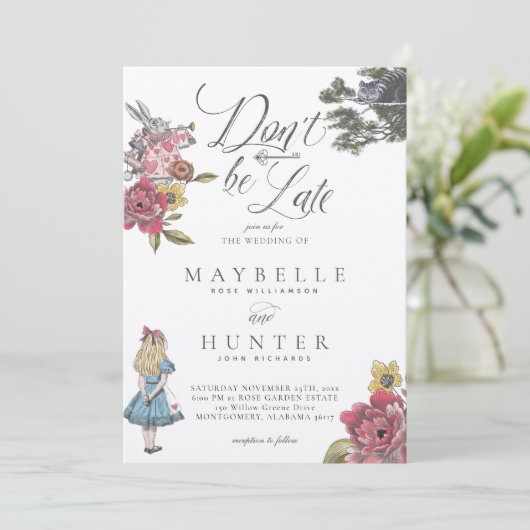 Wees niet te laat  Alice in Wonderland Wedding Kaart (Staand voorkant)